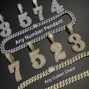 [ICE HUE] Unisex 18K Gold Vacuum Plated Copper Zircon Numbers 0-9 Pendant with 13mm Ice Out Cuban Necklace, Miami-Italy-Mexico & Micro Inspired Luxury Costume Jewelry, Daily Wear Gift, Unisex Jewelry