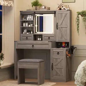 Farmhouse Vanity Desk with Sliding Mirror and Light, 3 Lighting Modes, Makeup Dressing Table Set with Glass Top and Charging Station, 4 Drawers and 2 Cabinets, Vanity Set with Stool, Gray
