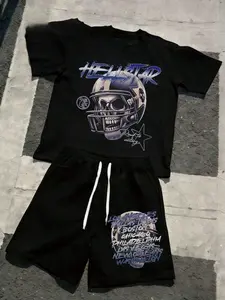 Urban Grunge Sports Streetwear Outfit | Men’s "Hellstar Helmet Skull" Tee & Shorts Streetwear Two Piece Outfit Street Style, Comfortable, Sporty Printed Tracksuit, Perfect For Outings, Trips, Gatherings With Friends, And Everyday Wear.