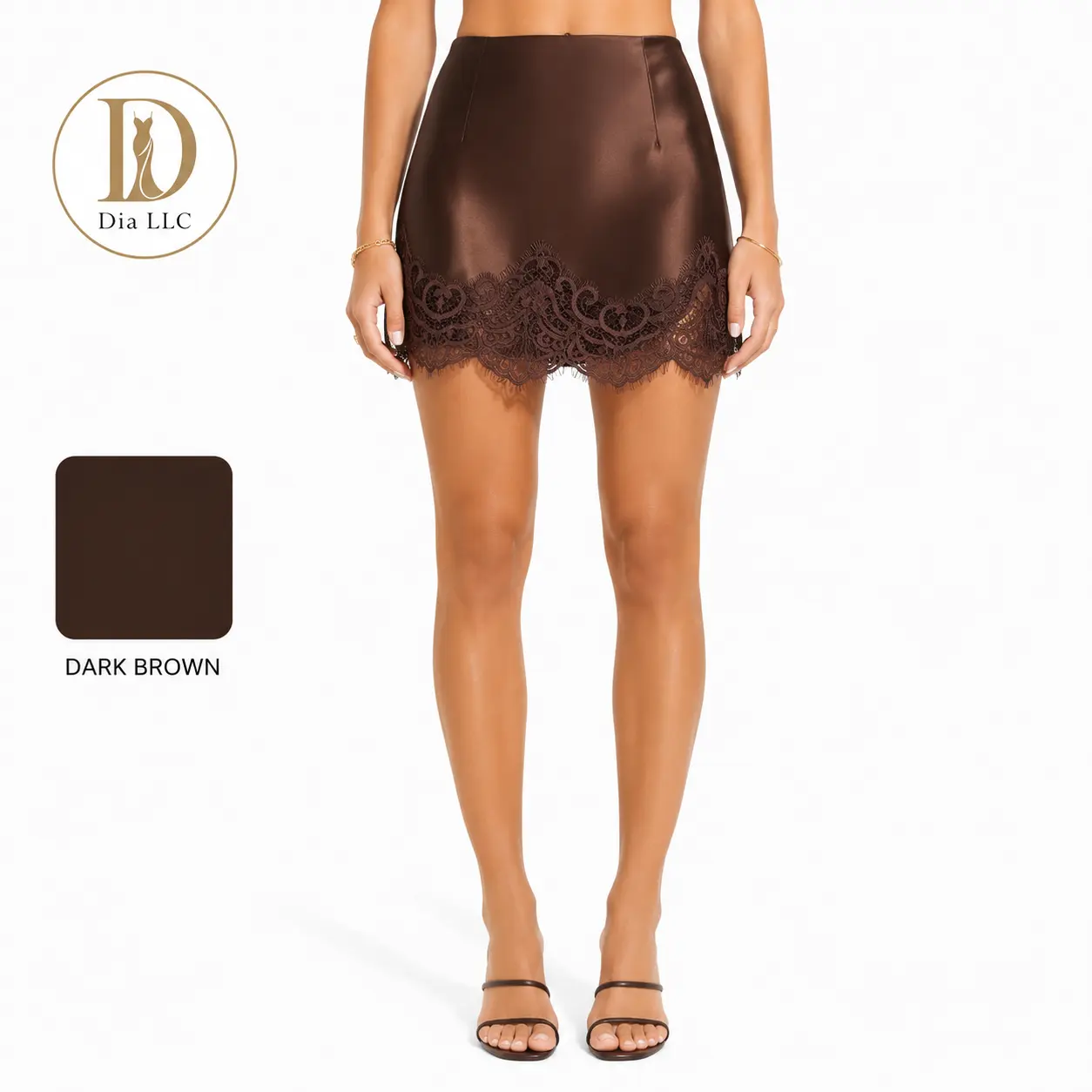 Dia LLC Satin Lace Trim Mini Skirt for Women, High Waist Silky Skirt, Elegant Y2K Style Short Skirt for Date Night & Everyday Wear Brown Womenswear Bottoms Elegance