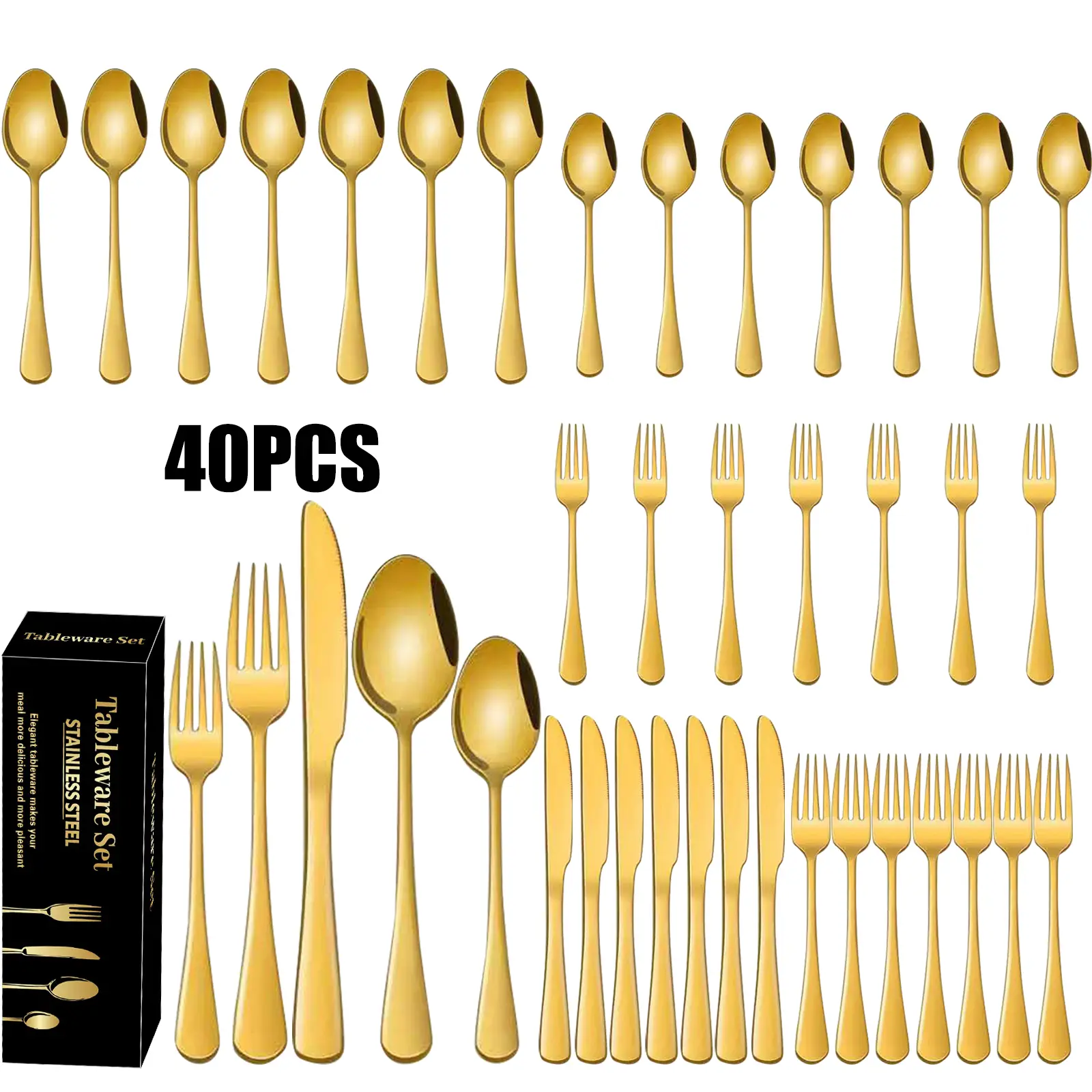 40-piece set of golden stainless steel tableware set Without gift box 40-piece set of golden stainless steel tableware set Without gift box