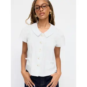 Cider Peter Pan Collar Bowknot Pocket Button Oversized Blouse SwimWeek