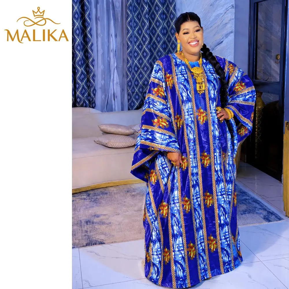 Women's Modest Boubou Dress, Traditional African Print Bazin Riche Gown with Gold Embroidery, Batwing Sleeves, and Cowl Neck, Embroidered, Festival Wear