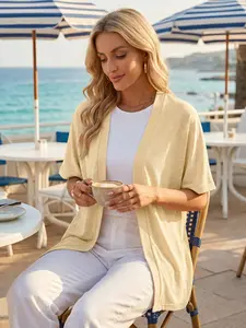 Womens Lightweight Short Sleeve Cardigan Open Front Casual Mid-Length Duster Summer Kimono Cover Ups