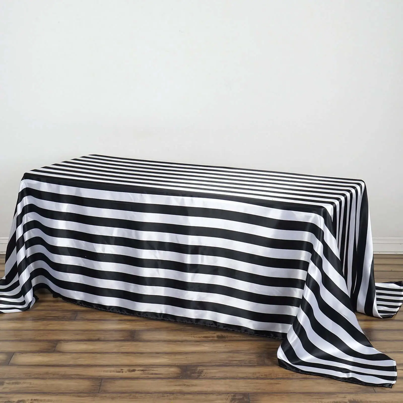 Black-White Striped Satin Rectangle Tablecloth, 90"x132" Seamless Durable Cover - For Modern Outdoor, Indoor Tables & Wedding Tablescapes, Seamless Cover