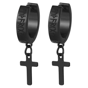 OIDEA Stainless Steel Viking Rune Cross Dangle Huggie Hoop Earrings Norse Cross Drops for Men Black