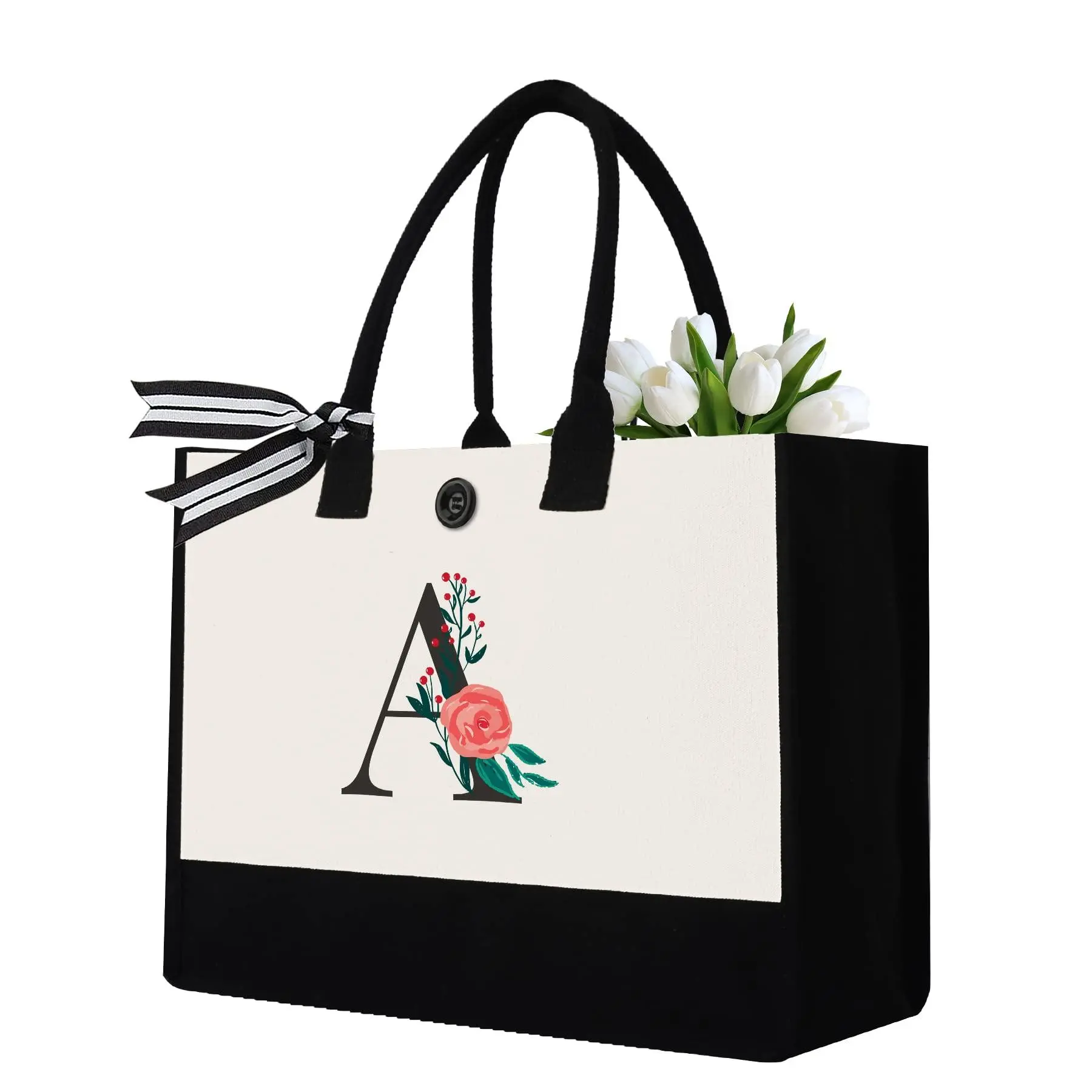 Personalized Initial Canvas Tote Bag, Monogrammed Gifts Bag for Wedding,Birthday, Present Beach Bag for Women, Mom, Bridesmaids,Teachers