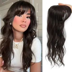 Brown Black Clip in Bangs 360° Coverage Mini Wavy Hair Topper with Bangs 18Inch Natural Looking Synthetic French Clip Fake Fringe for Thinning Hair Daily Wear Quick Styling Curly Wave