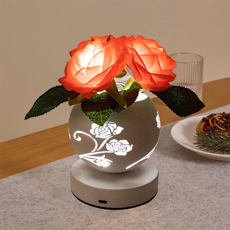 Creative Gift Rose Lamp Wrought Iron Flower Pot Hollow out Projection Lamp Decorative Table Lamp Bedside Lamp Romantic Atmosphere Small Night Lamp color room lighting bedroom led deco