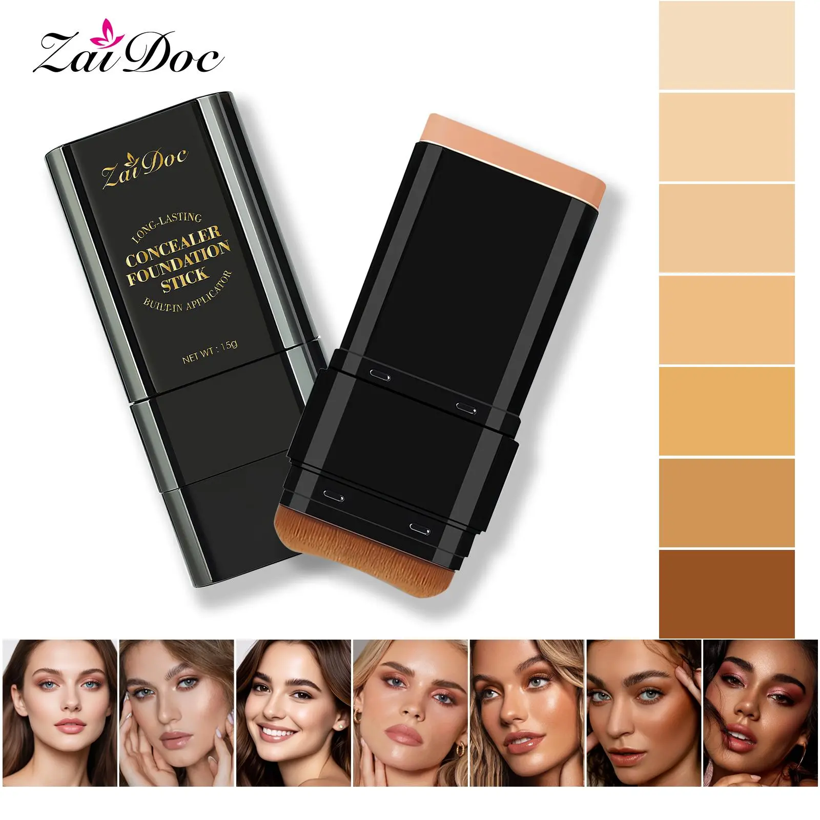 Zaidoc 7-color Dual -Ended Concealer Foundation Stick, 2-in-1 Long-Lasting Foundation and Concealer with Brush, Creamy Full Coverage for Dark Circles & Blemishes, Hydrating Olive & Camellia, 2.09 Oz