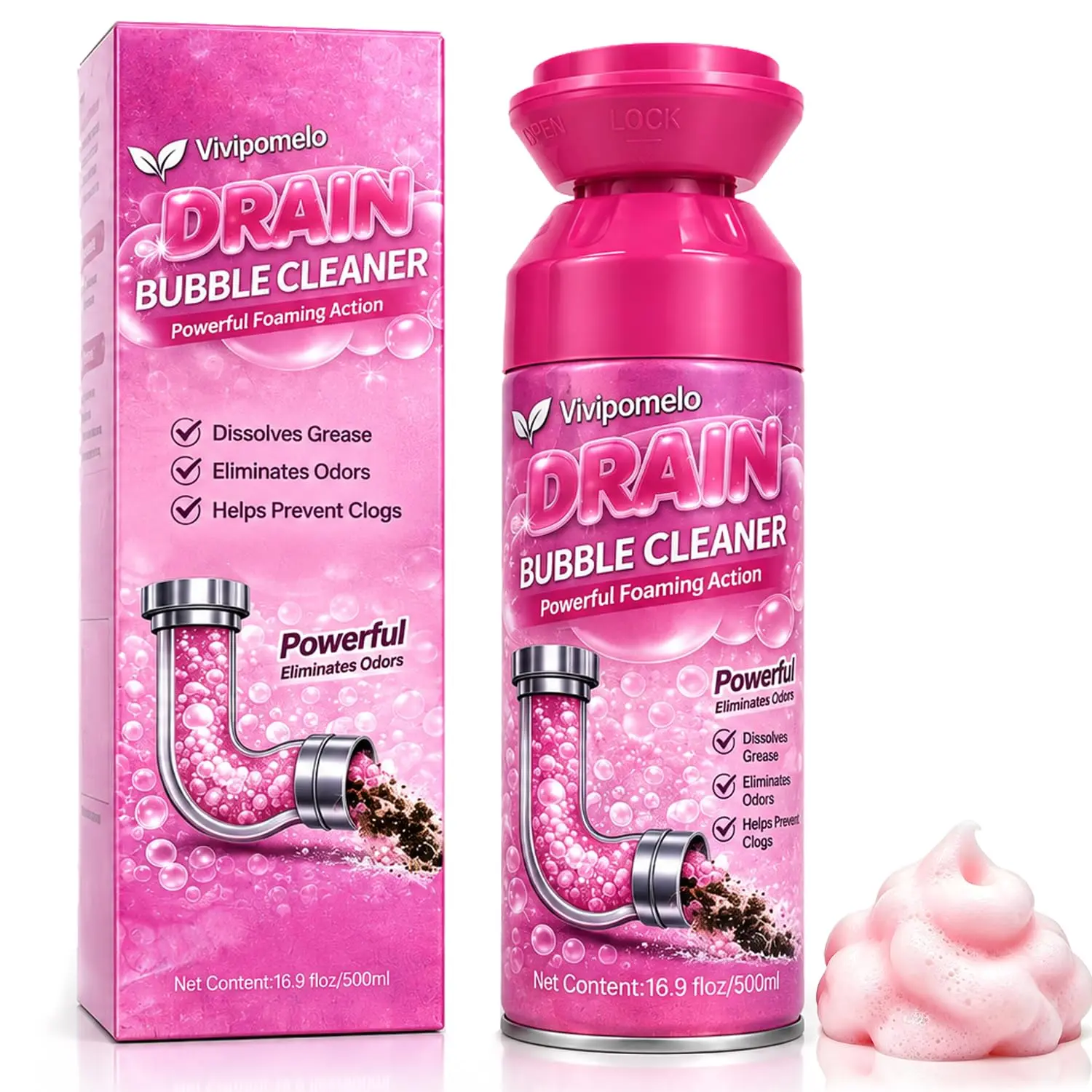 Foaming Drain Cleaner, Powerful Sink Drain Cleaner and Deodorizer for Kitchen Sinks, Bathroom Drains, Showers and Bathtubs, Heavy Duty Cleaning Foam for Grease, Soap Scum and Odor Removal