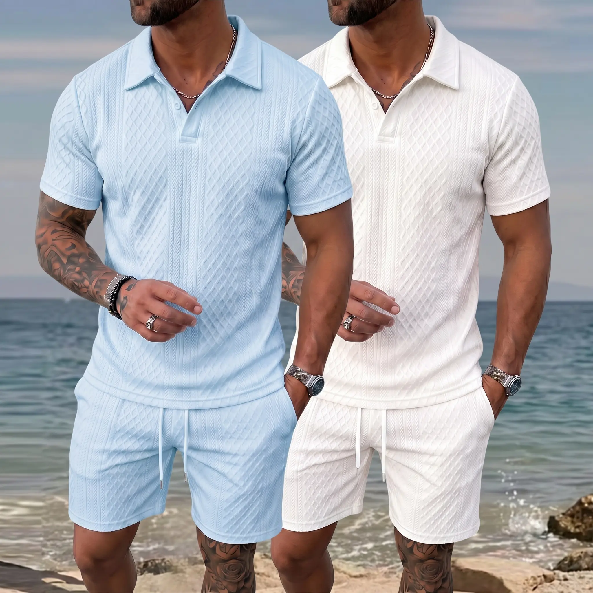 Trending Men’s Polo & Shorts Set, Jacquard Texture Summer Outfit, Lightweight Breathable Sport Set, Streetwear Matching Set