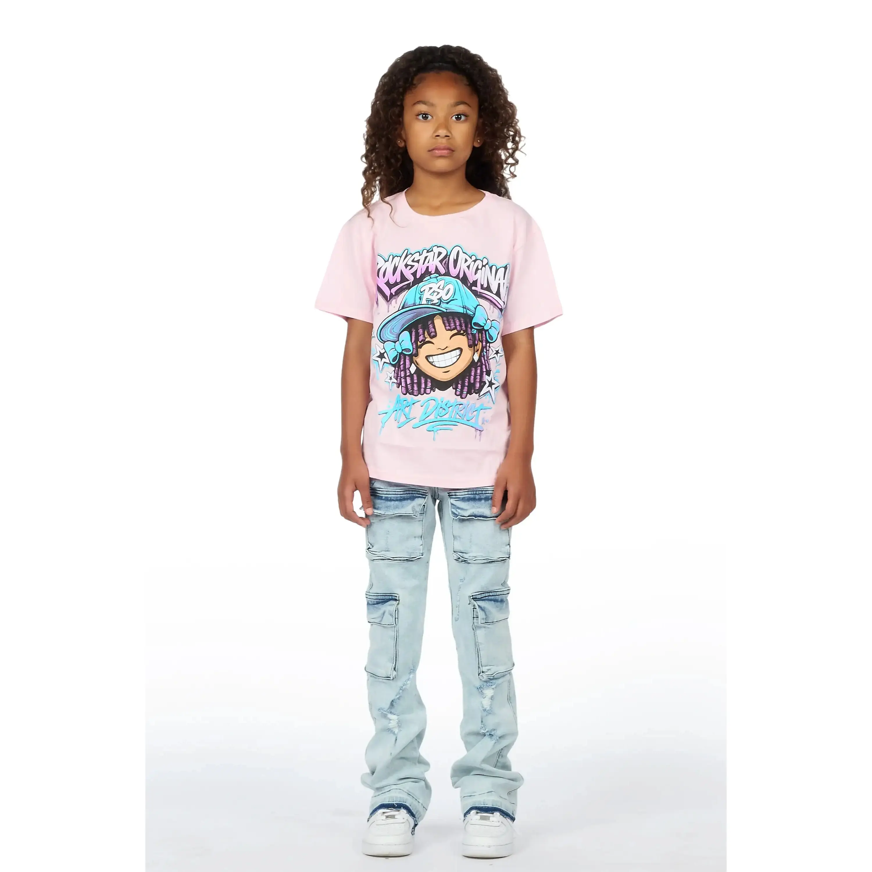 Girls Aze Pink/Light Wash T-Shirt Stacked Jean Set