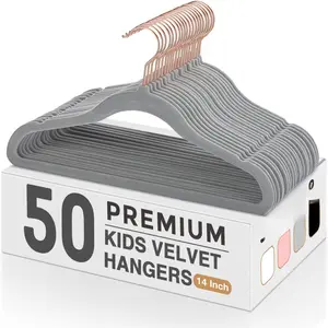 Hangers 50 Pack, 14'' Inch  Non Slip  Felt Hangers for Closet, Space Saving  Clothes Hanger for Youth's ' Clothes (Rose  Hook)- Grey