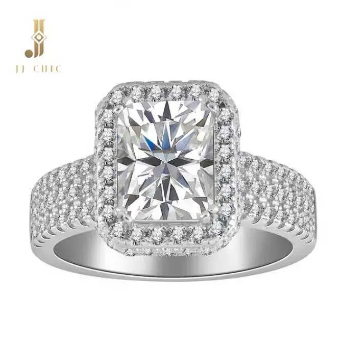 3CT Halo Square Cut Ring, Three-Row Design Full Pavé Radient Ring, Elegant Jewelry for Women