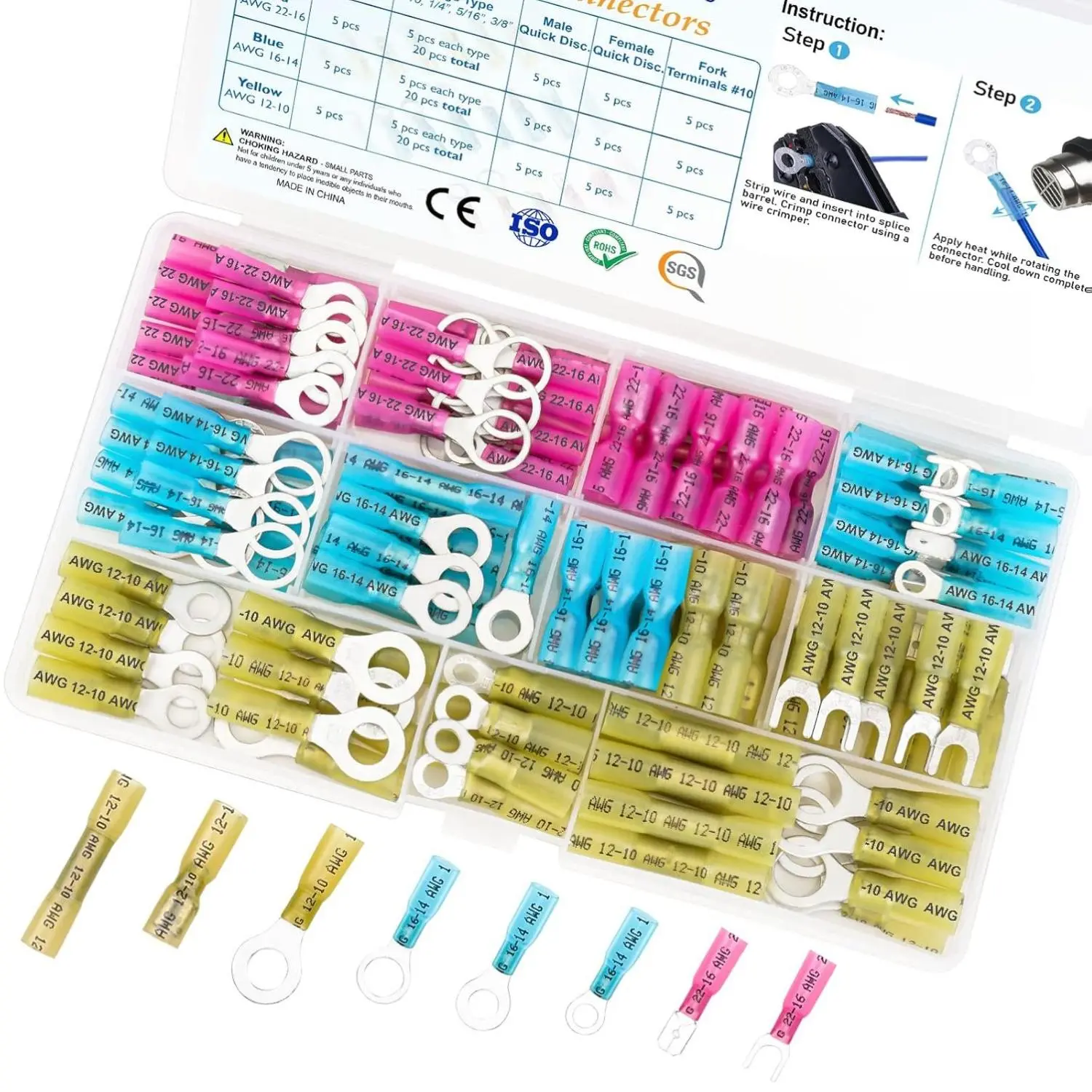 120Pcs Heat Shrink Wire Connectors, Waterproof Automotive Marine Electrical Terminals Kit, Crimp Connector Assortment, Ring Fork Spade Splices