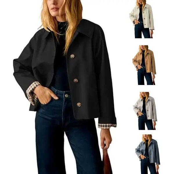 KingApril Women's Minimalist Cropped Trench Coat - Classic Collar, Oversized, Long Sleeve Outerwear with Checkered Lining, Basic Tops-Inspired Casual Jacket