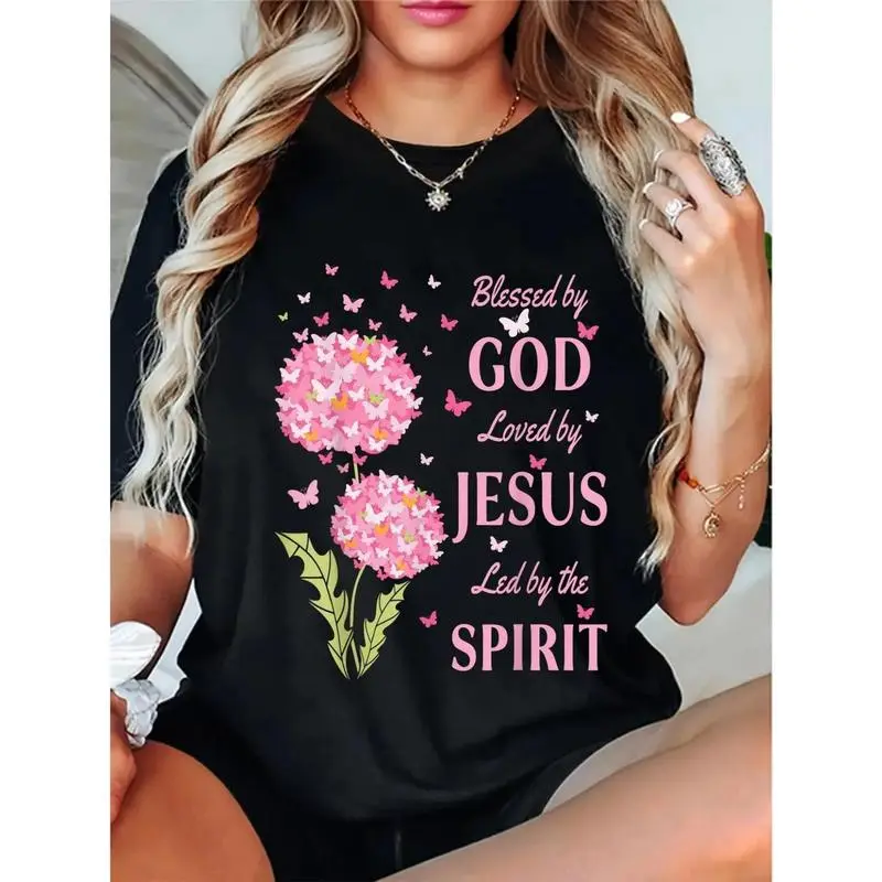 Spiritual and Inspirational T - Shirt: Flaunt a "Blessed by GOD, Loved by JESUS, Led by the SPIRIT" Message Black Cotton Tee Casual Fashionable Top Floral