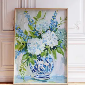 Blue Hydrangea Art Print, Chinoiserie Vase, Coastal Floral Wall Art | Framless Poster 1
