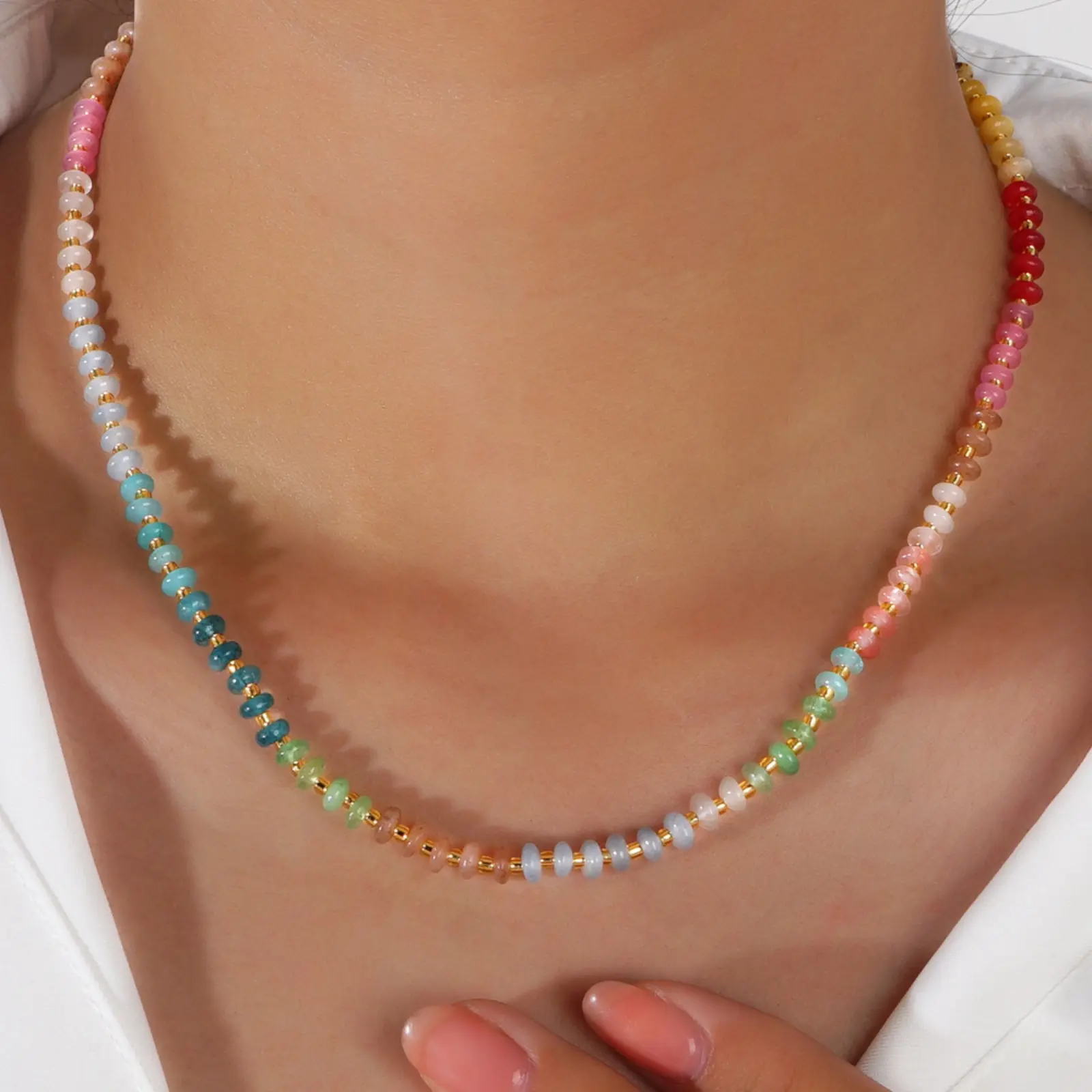 Women's Elegant Light-Luxury Gradient Dainty Crystal Beaded Necklace, Colorful Gemstones Design, Summer Sports & Outdoor Accessory, Colorful Beaded Necklace, Crystal Beads, Female, Crystal Beaded Choker