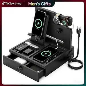 Rectangular Nightstand Organizer with Hidden Drawer, 3 Compartments, USB Ports, Outlets, Key/Ring Hooks, Glasses Shelf, Tray Area, Flip-Top Cologne Storage, Modern Furniture for Man Cave, Bedroom Table Organizer for Men’s Room Accessories Gifts, Man Cave