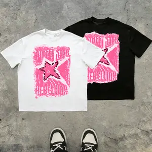 Men’s dark street‑style pink star distressed brushstroke Y2K graphic 100% cotton T‑shirt. TikTok 2025 trend—loose oversize urban punk streetwear casual short sleeve. A must‑buy under $10.