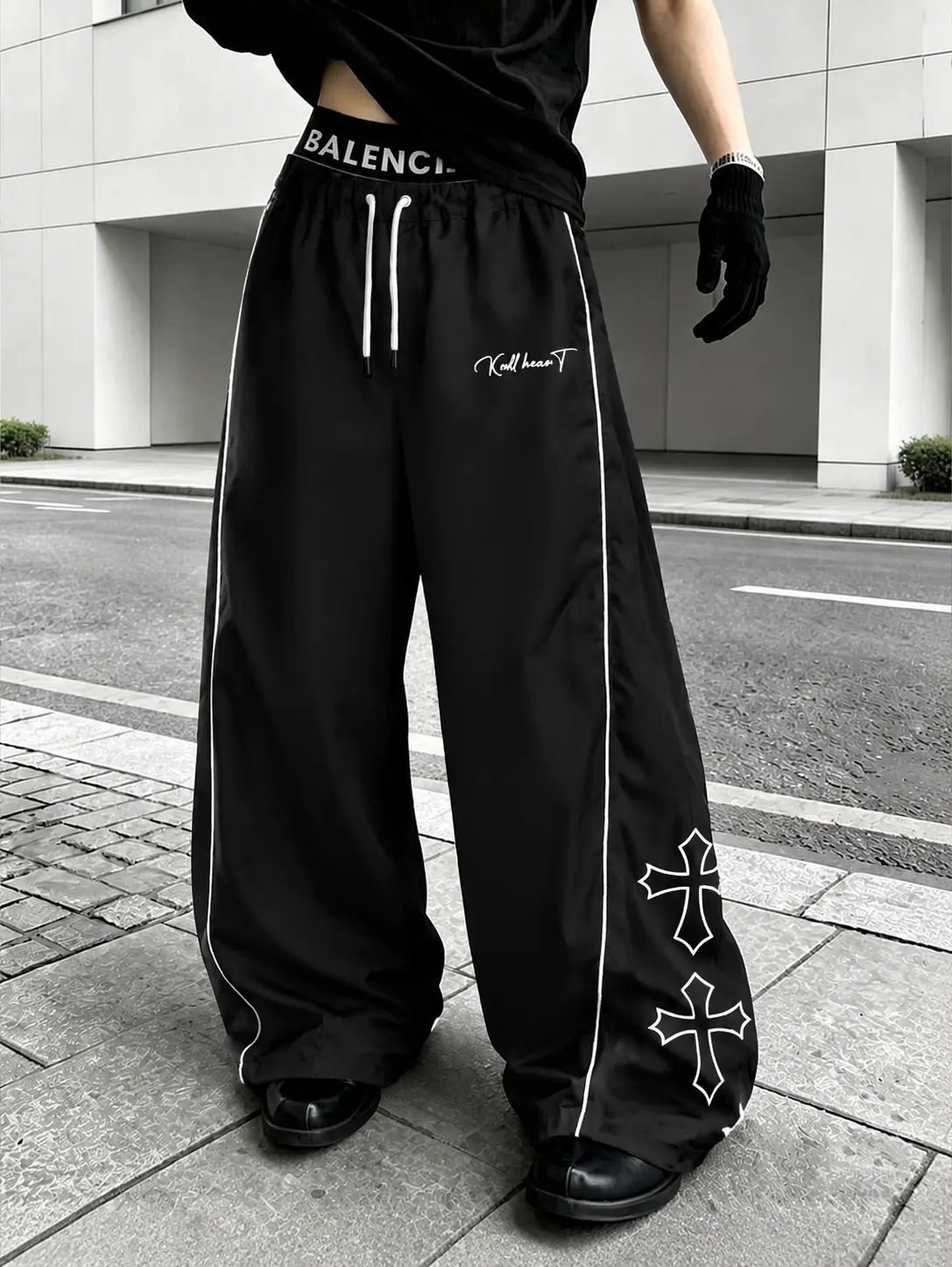 Men’s casual long pants with cross print, drawstring design, stylish and versatile, featuring striped trim; suitable for everyday wear, beach, work, fitness, and more; spring/summer loose straight-leg pants.