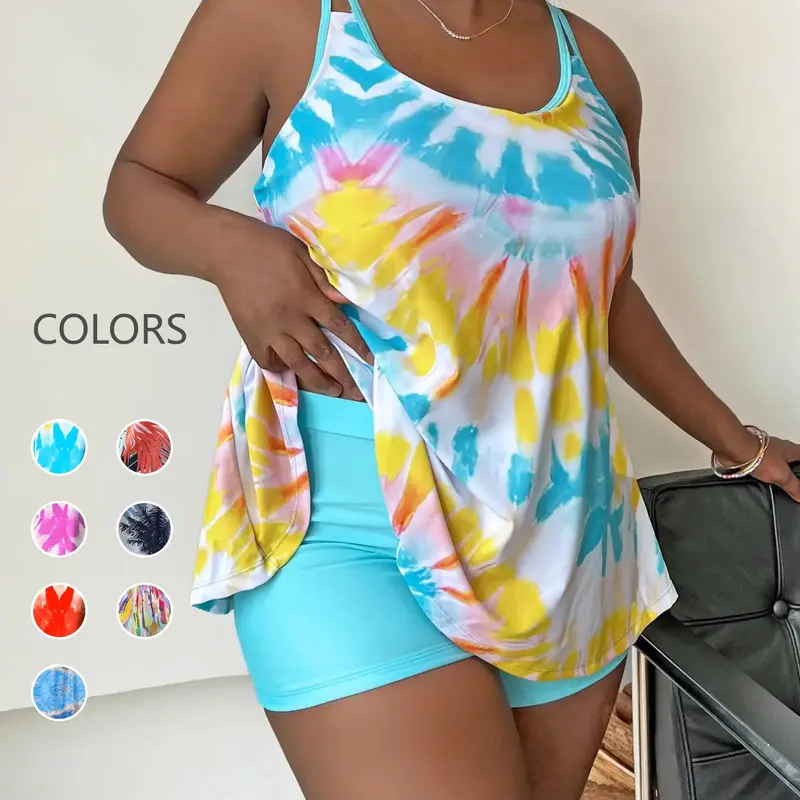 Women's Plus Size Swimsuit, Tie Dye Sleeveless Bikini Set, Loose-Fit Wireless Bra, Shorts Bottom, Perfect for Beach Vacation