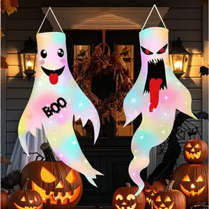2Pcs 47" Halloween Ghost Windsocks Decorations with LED Light Outdoor Halloween Decorations Hanging Ghost Windsocks Décor for Halloween