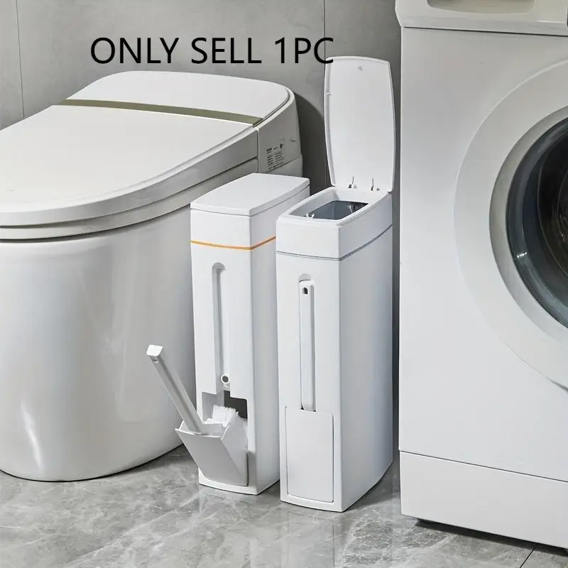 Space-saving ultra-thin corner trash can with toilet brush and holder, compact rectangular bathroom trash can, Bathroom garbage can, with durable plastic design, no power required, compatible with toilet paper holders
