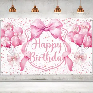Uflashmi Pink Happy Birthday Banner Backdrop for Coquette Birthday Decorations, Coquette Bachelorette Party Decorations, 6 x 3.6 Ft