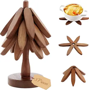 Natural Foldable Black Walnut Wooden Trivet Set, Tree Shape Kitchen Decor, Aesthetic Wooden Coasters with Stand, Heat Resistant Table Decor for Home couple gifts birthday
