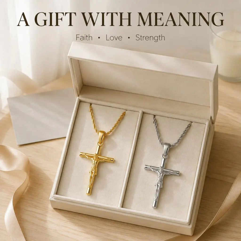 Crucifix Jesus Cross Necklace Stainless Steel Tarnish Resistant Religious Pendant Unisex Christian Faith Jewelry Gift for Men Women Communion Confirmation Birthday Daily Wear