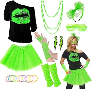 Upgraded 80s Outfit Costume for Women,80s Party Costume Accessory Sets with T-Shirt Tutu Skirt Waist Pack etc