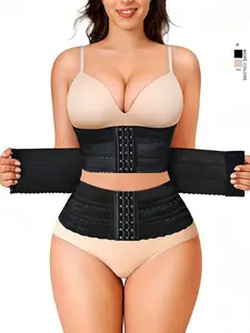 Women's Solid 3-sectional Hook & Eye Waist Trainer, High Stretch Tummy Control Corset for Daily Wear, Women Shapewear Underwear Clothes Halloween dailydrip comfyessentials midsize tiktokshopbacktoschool