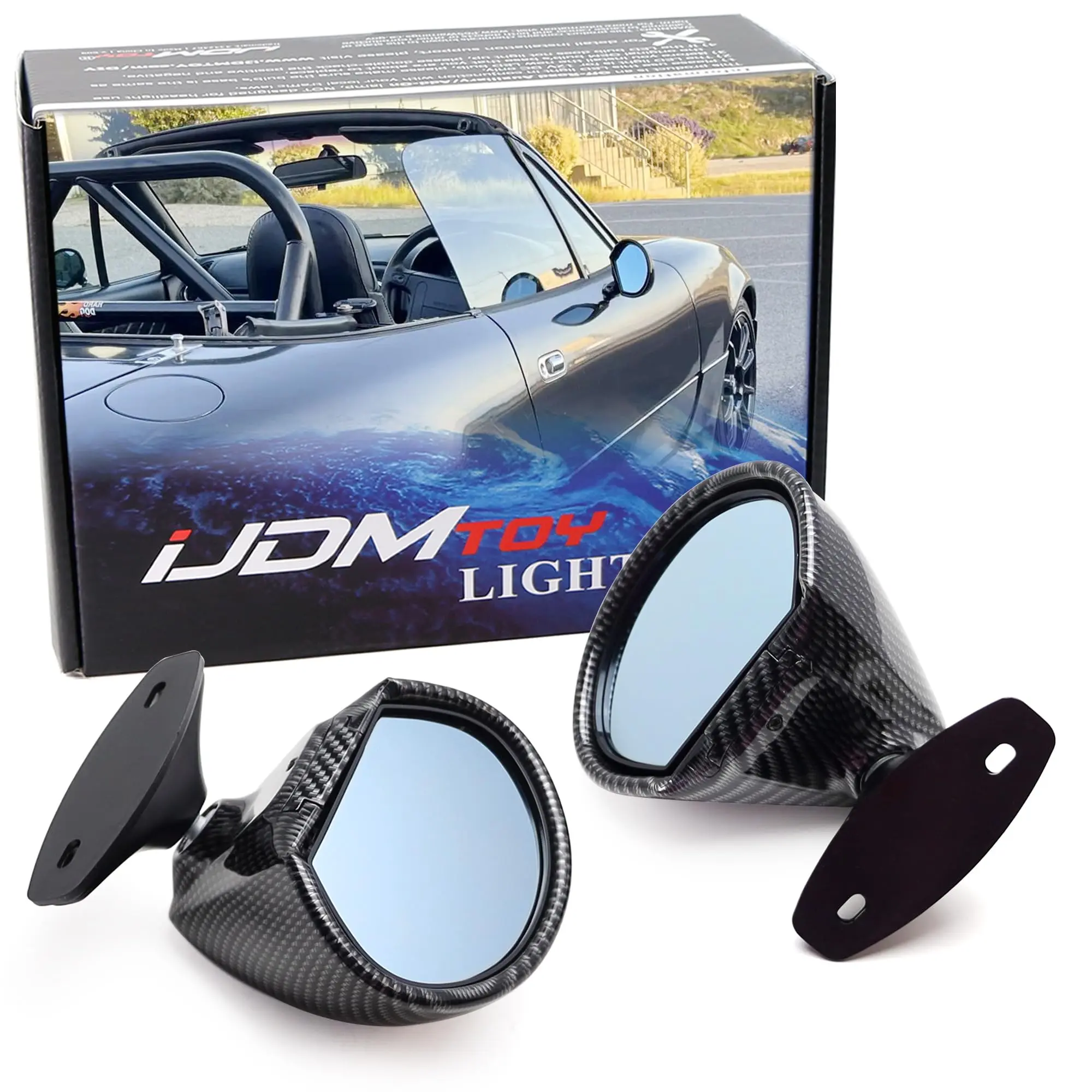 iJDMTOY Glsos Black Carbon Fiber Pattern Retro Rally Motorsport Style Blue Glass Door Wing Rear View Side Mirrors For Mazda Miata MX5, Also Universal Fit JDM Sports or Street Cars