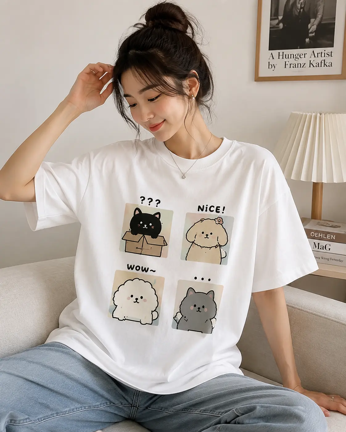 Women's Casual Everyday-Fit Minimalist Mustard Yellow Oversized T-Shirt - Cute Cat & Puppy Graphic, Kawaii Animal Design, Comfort Colors Style, Ideal Gift for Lady Cat Lovers, Outfits