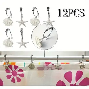12pcs Stainless Steel Shell-Shaped Shower Curtain Hooks - Coastal Beach-Themed Bathroom Decor with Starfish and Seashell Design, Durable Rust-Resistant Metal Hooks for Stylish Bathroom Organization Iron Set