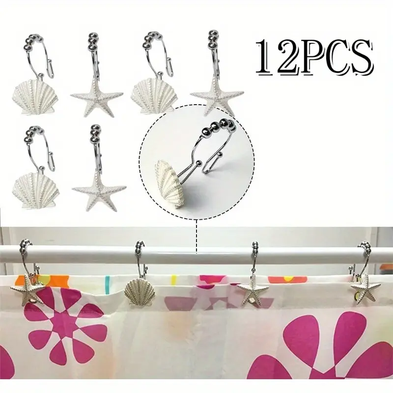 12pcs Stainless Steel Shell-Shaped Shower Curtain Hooks - Coastal Beach-Themed Bathroom Decor with Starfish and Seashell Design, Durable Rust-Resistant Metal Hooks for Stylish Bathroom Organization Iron Set
