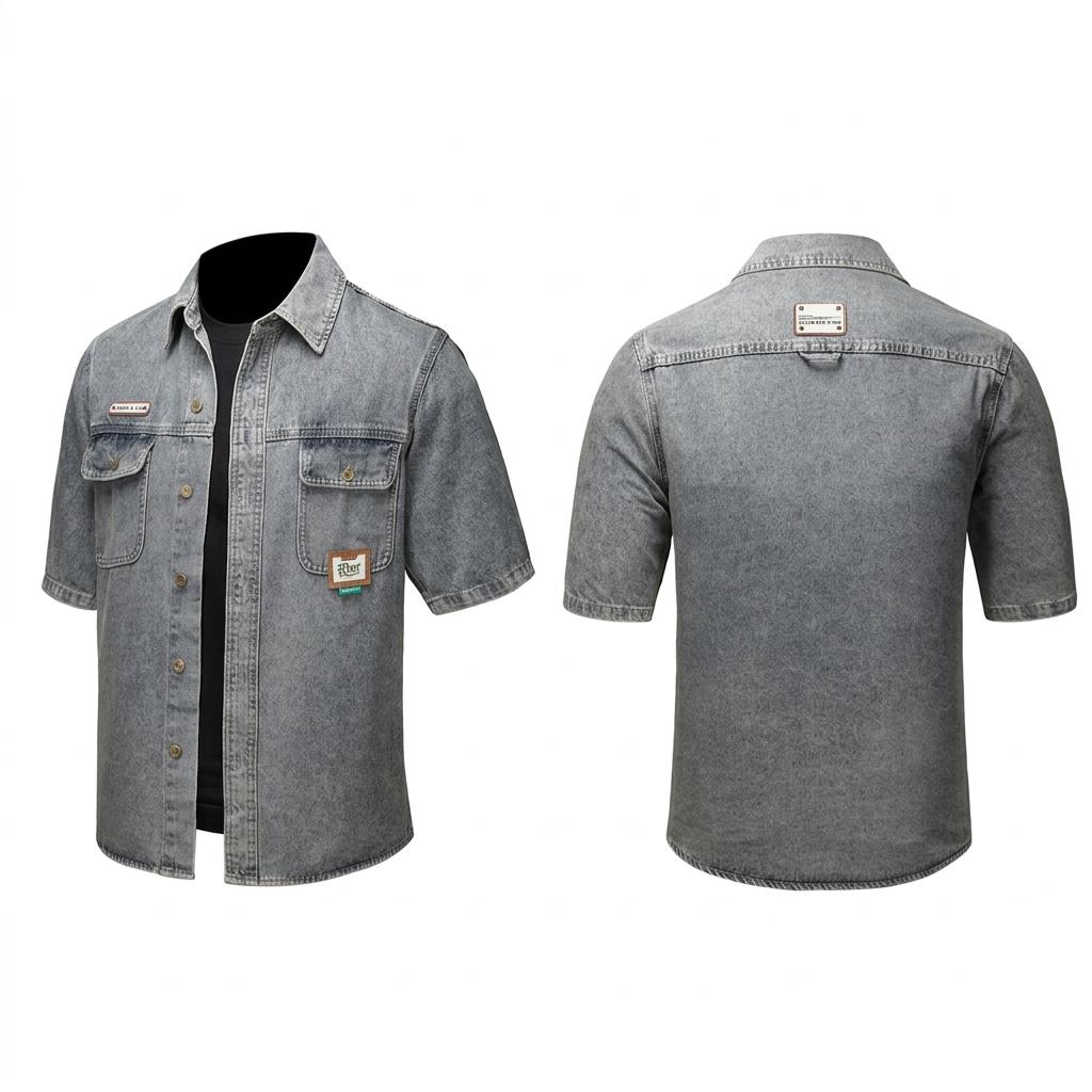 Men's  Washed Denim Shirt, Retro Distressed Biker  Shirt， Classic Trucker Shirt with Shoulder Stitching, Casual Button-Down Motorcycle Denim Shirt  for Men, Fashion Streetwear Denim Shirt for Daily Wear, Riding, Outdoor