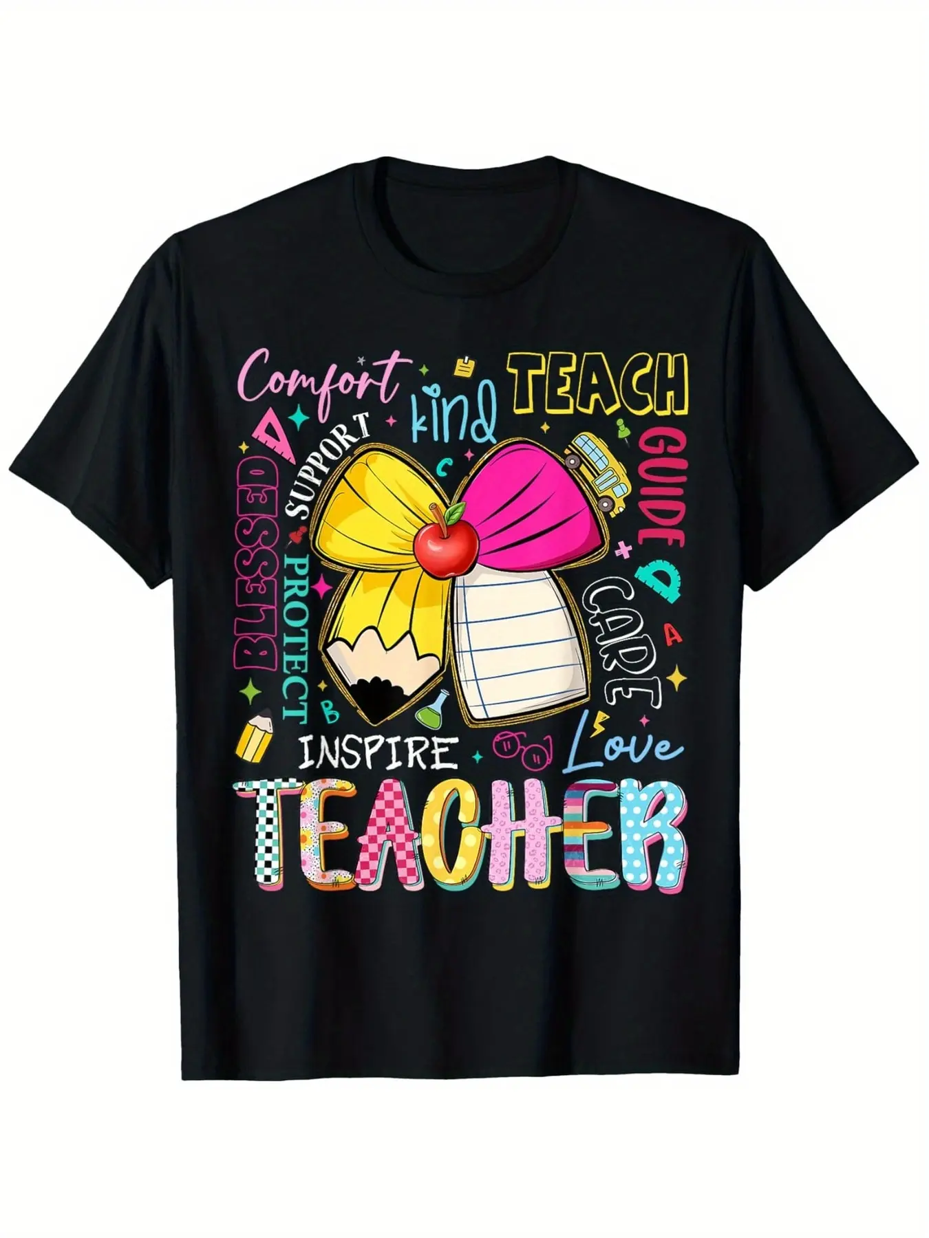 Preppy Teacher Coquette Bow Teach Love Inspire Tea unisex soft cotton short sleeve t shirt, vintage graphic casual tee for men women teens, perfect birthday holiday gift for camping travel gym daily street  wear