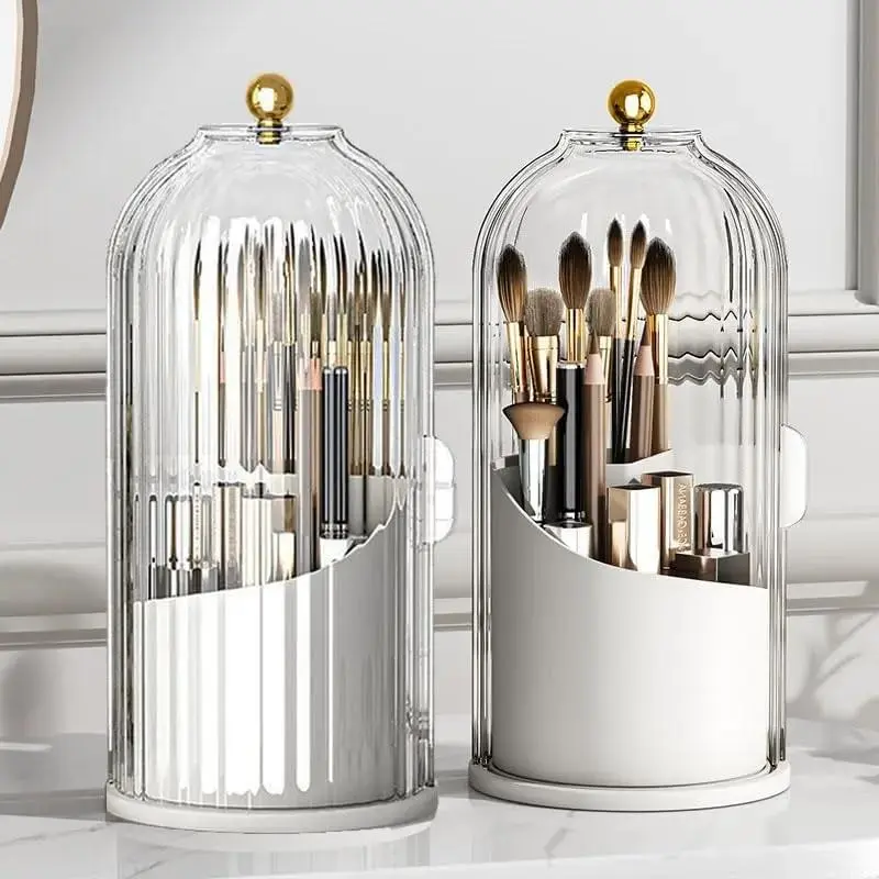 360-Rotatable Brush Storage Organizer with Rotatable Base, Dustproof Cover, Waterproof Vanity Desktop Holder for Makeup Brushes, Toothbrushes, Toothpaste, Ideal for Thanksgiving, Christmas Gifts