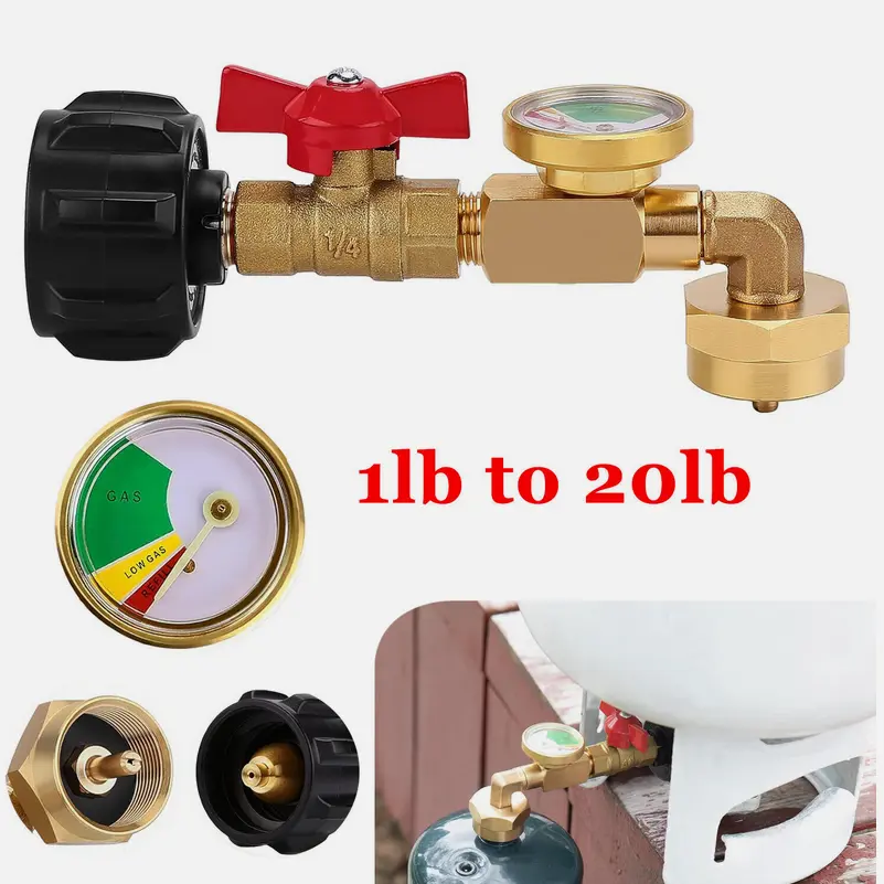 SJPACK Propane Refill Elbow Adapter with Gauge & ON-Off Control Valve for 1lb-20lb Tanks, Enhances Gas Connection, Regulates Gas Flow, Simplifies Refill Process