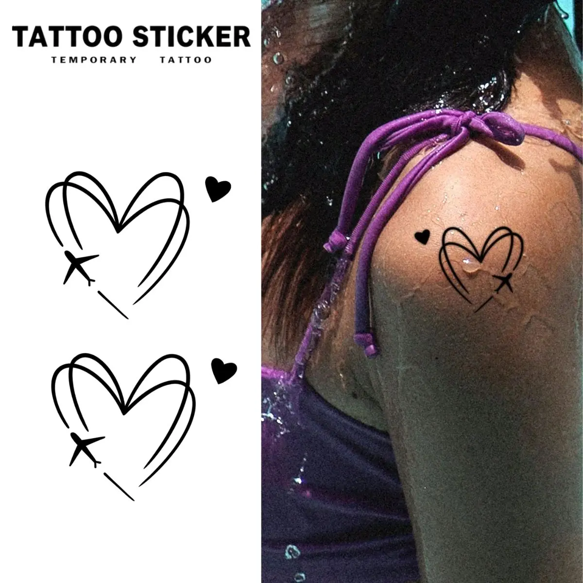 Temporary Tattoo Minimalist Airplane Heart Travel Series Fake Tattoo Stickers, 2 Sheet Pack, Semi-Permanent Durable Waterproof, Simple Realistic Look For Women, Perfect For Beach Vacation Travel Party Body Art - Temporary Tattoos