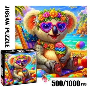 1pc 1000 piece adult puzzle 58x58cm Koala with Heart - shaped Sunglasses, Flower Crown and Ice - cream on Beach 500 pieces paper jigsaw puzzle suitable for DIY creative games for adults and fami