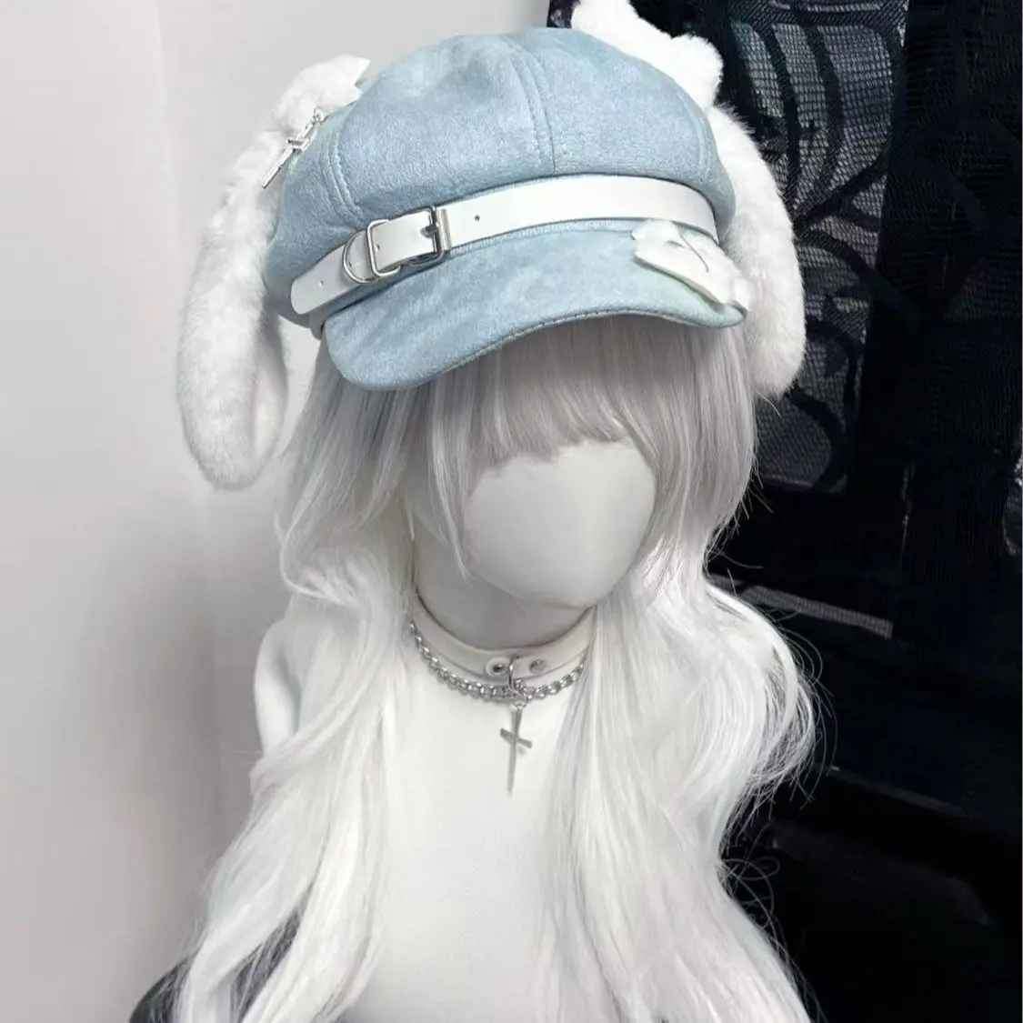 Grey Puppy Ear Round-Brim Beret, Cute Individualistic Otaku Subculture Fashion Accessory for Shopping Scenarios
