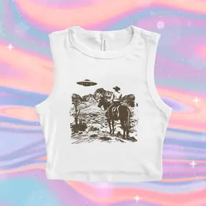 Ufo Western Micro Ribbed Tank, Retro Tank Top, Vintage Cowboy Crop Tank, Rodeo tee, Wild West Shirt, Western Oversized Tee, Y2k Crop Tank Top