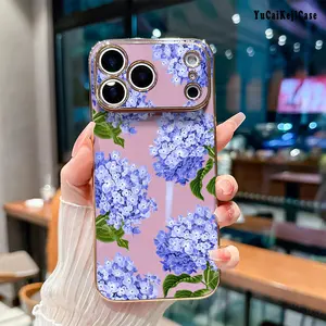 Electroplated TPU Phone Case for iPhone 17 15 Pro Max 16 14 Plus 13 12 11 Lavender Hydrangea Grace Pattern Classic Straight Design Scratch Resistant Softcase