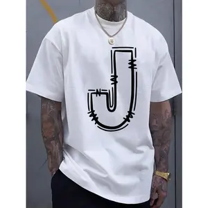 Simple and stylish J-letter printed men's round neck short sleeved T-shirt, comfortable and breathable casual sports top suitable for spring and summer vacation leisure Made in USA funny shirt