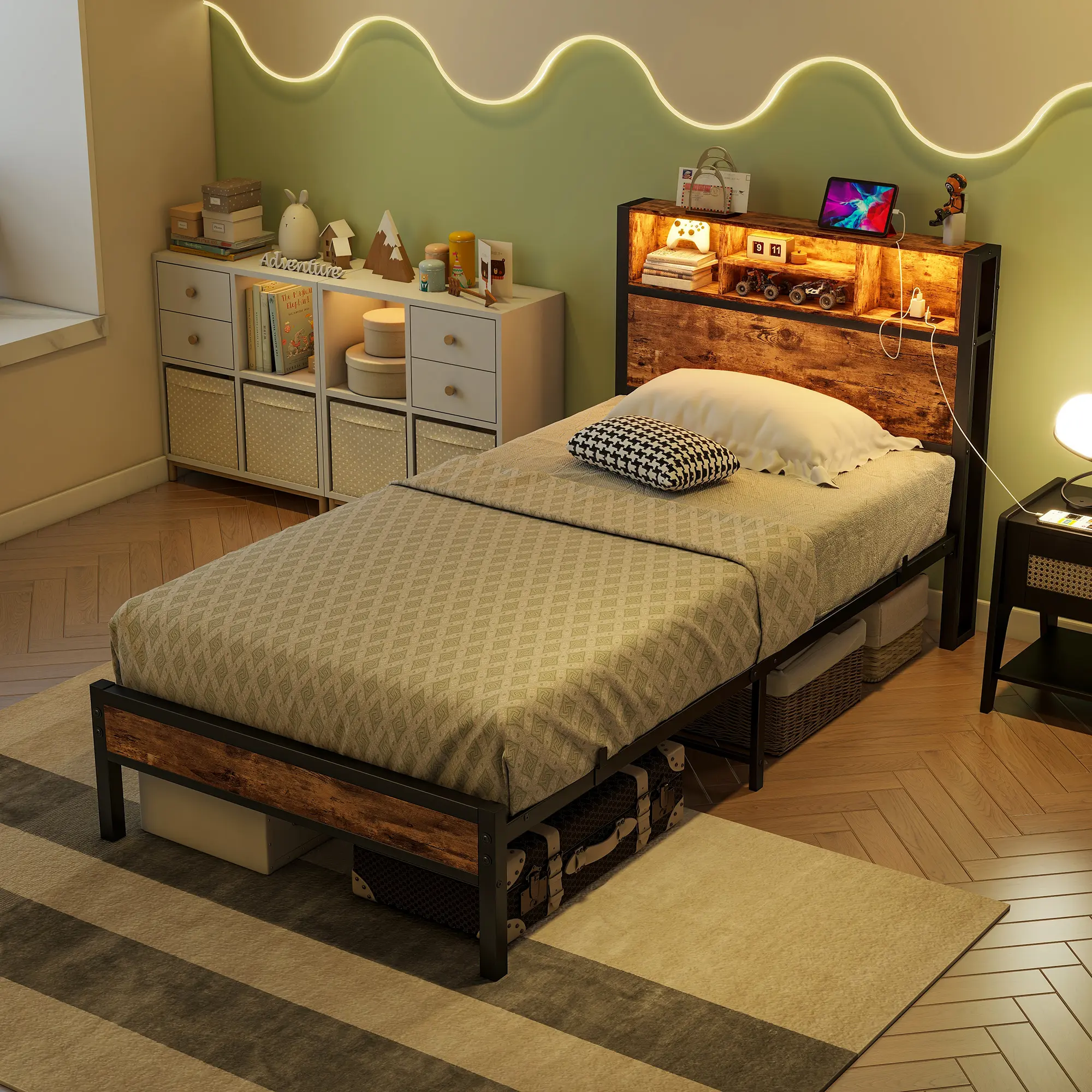Twin Size Bed Frame with Bookcase Headboard and Storage, Metal Platform Bed Frame with LED, USB, Charging Station, Reinforced Slats, Noise Free, No Box Spring Needed, Easy Assembly, Brown